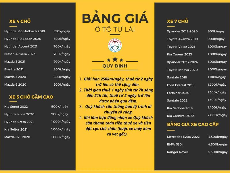 Báo giá tham khảo thuê xe tự lái tại Da Nang Travel Car